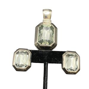 Vintage emerald shape glass pendant matching post earrings tested .500 silver co
